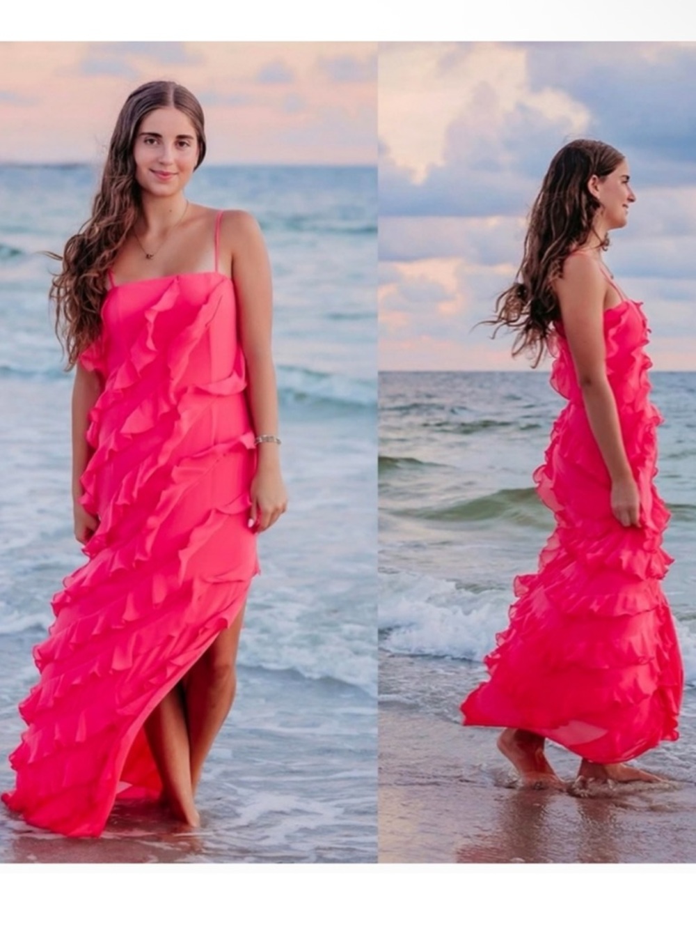 Gianni Bini Taylor Watermelon Pink Ruffled Maxi Dress w Side Slit NWT $189
